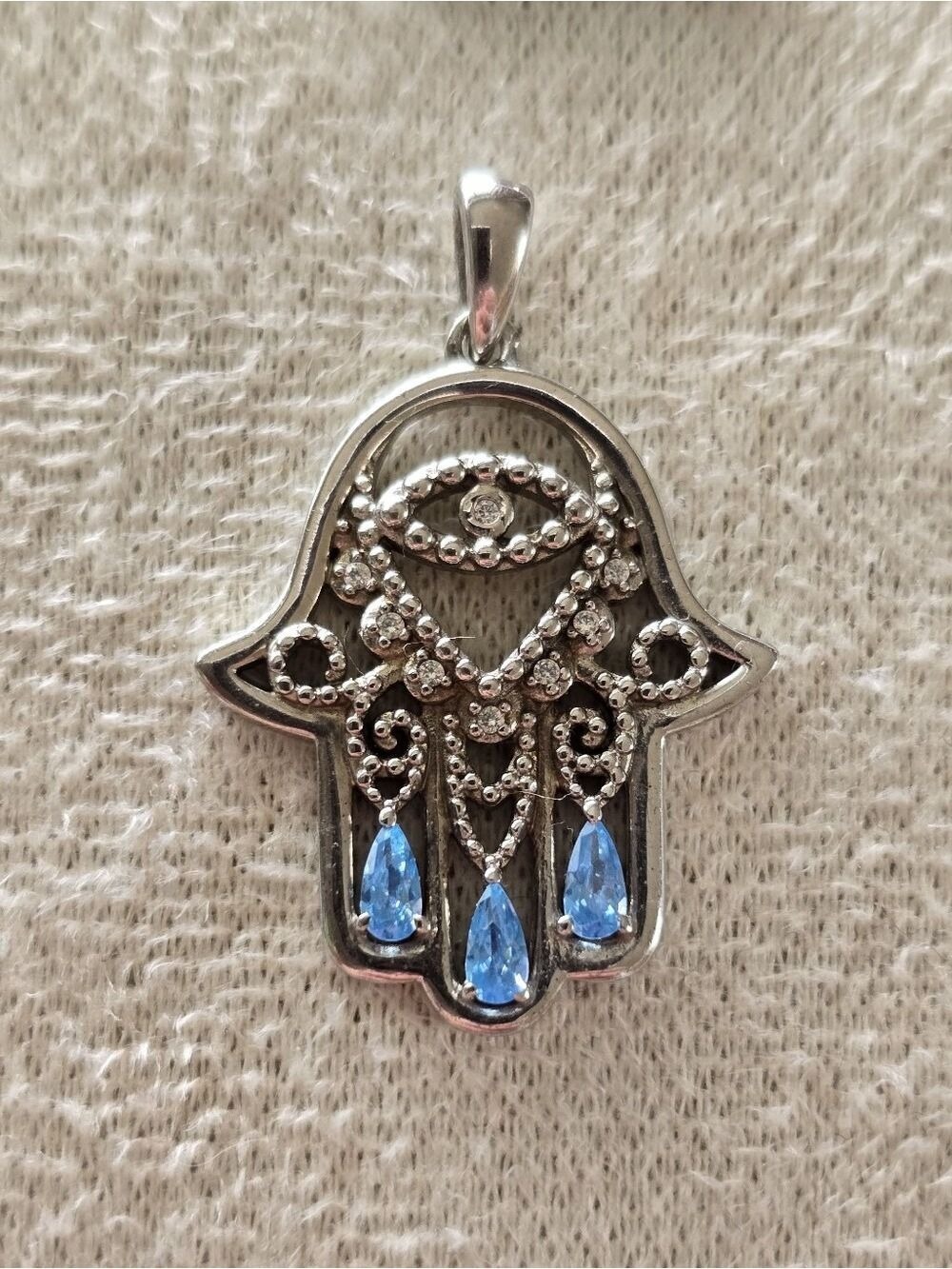 Sterling Silver Hamsa Pendant with Blue Teardrop Stones
